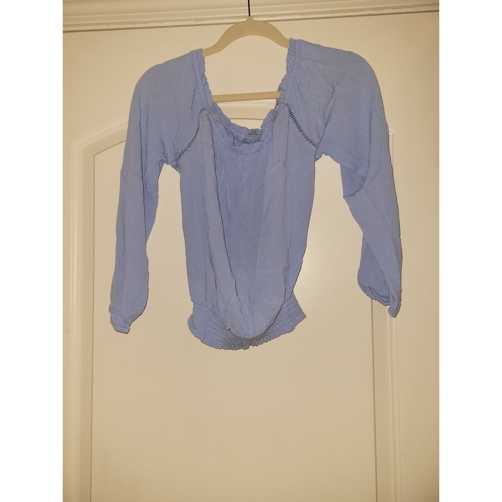 Boho Periwinkle Blue Crinkle Rayon Smocked Waist Peasant Top Blouse Medium